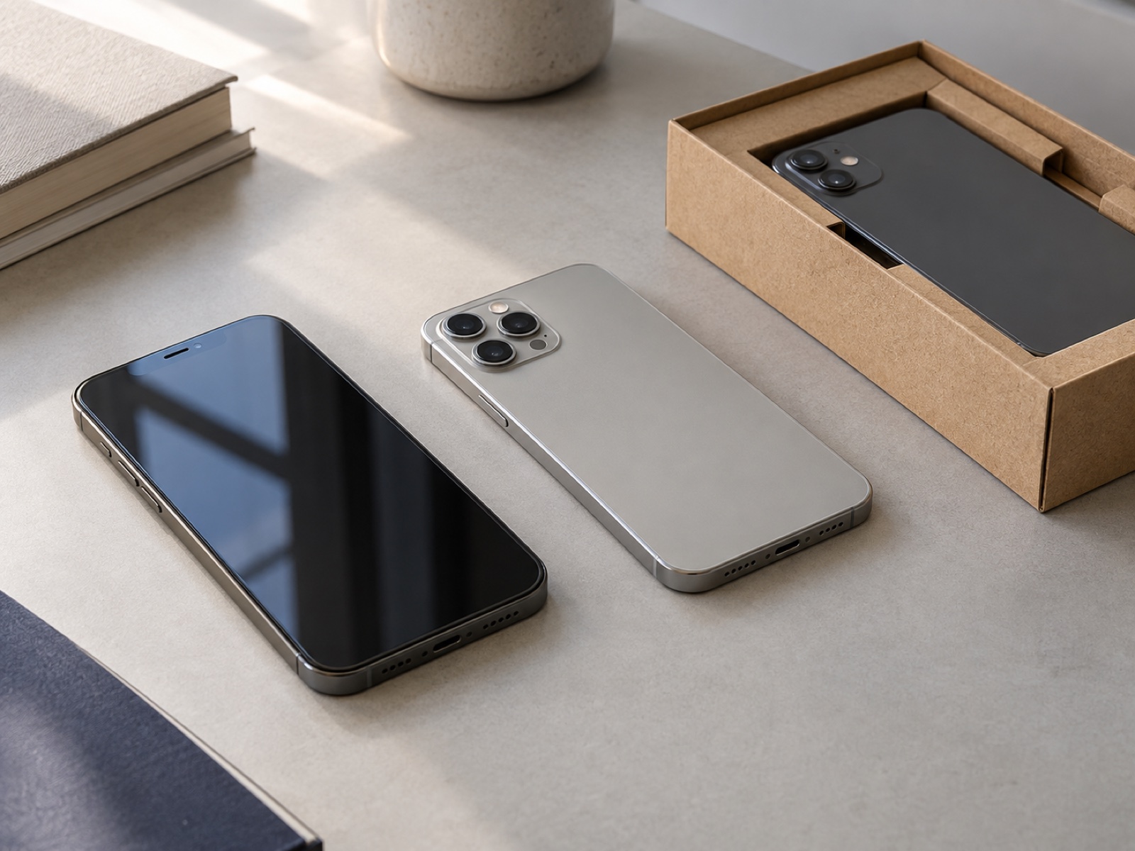 Zwei aufbereitete Smartphones und ein Versandkarton auf einem hellen Tisch